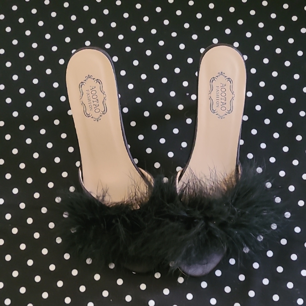 Black Feathered Mules with Striking Design